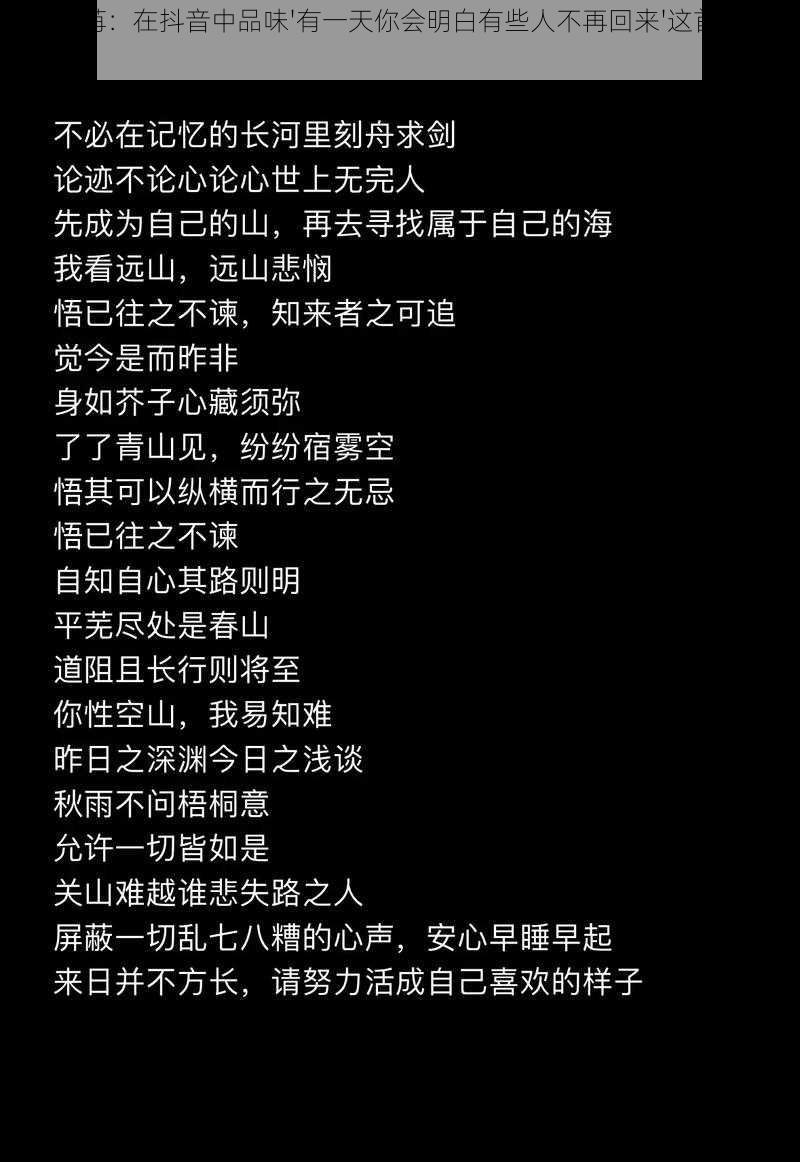 时光荏苒：在抖音中品味'有一天你会明白有些人不再回来'这首歌的情感沉淀