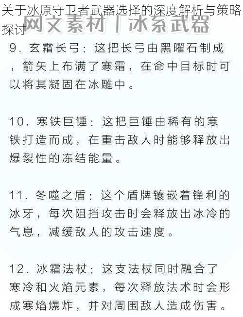 关于冰原守卫者武器选择的深度解析与策略探讨