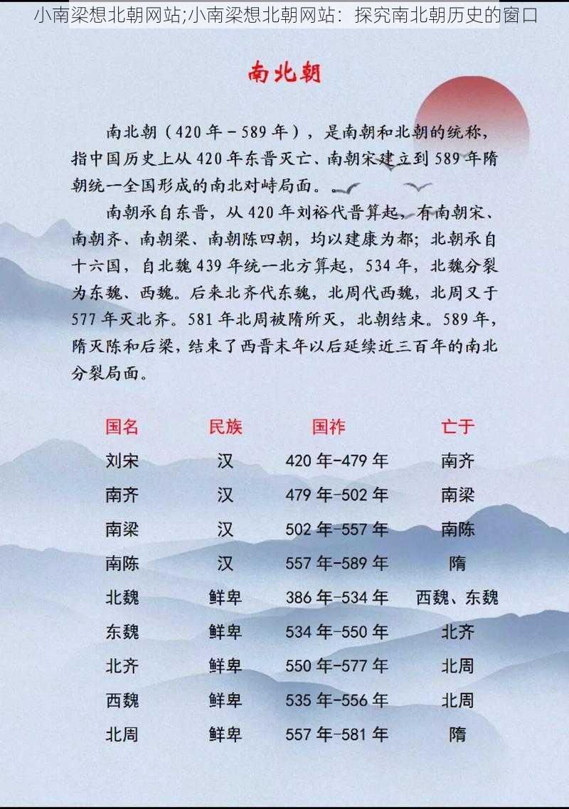 小南梁想北朝网站;小南梁想北朝网站：探究南北朝历史的窗口