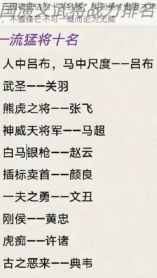 三国被低估的十大名将，实则英才难展才华，不擅锋芒不可一概而论为无能